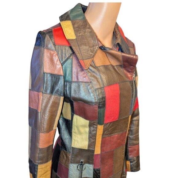La Vogue Patchwork Leather Jacket Vintage Women Size 10 Multi-Colored 3/4 Length - Picture 2 of 10